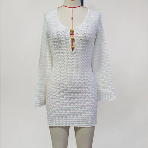 Load image into Gallery viewer, Sexy Knitted Beach Dress For Woman White Hollow Out Deep V Neck Long Sleeve High Waist A-line Knit Dress Knitwear
