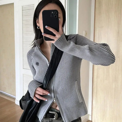 Load image into Gallery viewer, Autumn Double Zip Up Ribbed Cardigan Jackets Women Embroidery Knitted Sweater Slim Stand Collar Y2k Harajuku Grunge Knit
