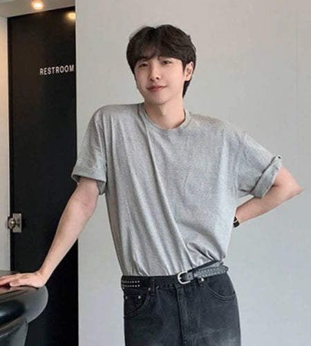 Men's Short SleeveT-shirts New Summer Loose Solid Color Korean Round Neck Style Pullover Casual Trendy Male Top 9W1611