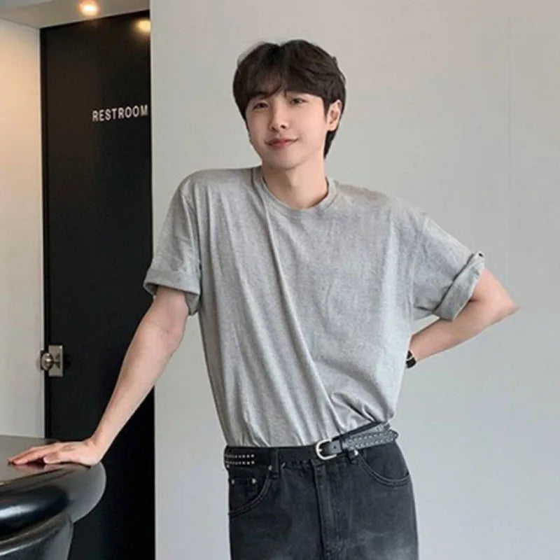 Men's Short SleeveT-shirts New Summer Loose Solid Color Korean Round Neck Style Pullover Casual Trendy Male Top 9W1611