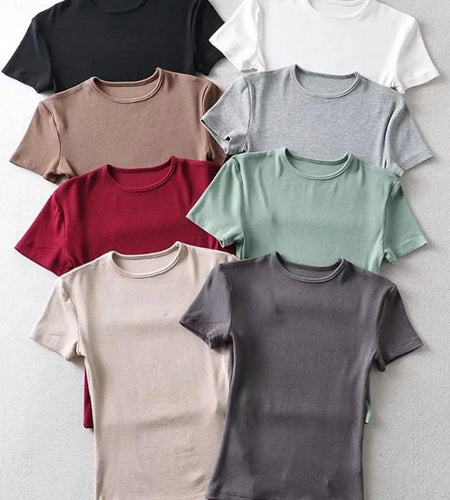 Casual Summer Woman Skinny Fit T-shirt Tight Short-Sleeve O-neck Tee Basic Solid Crop Tops T Shirt