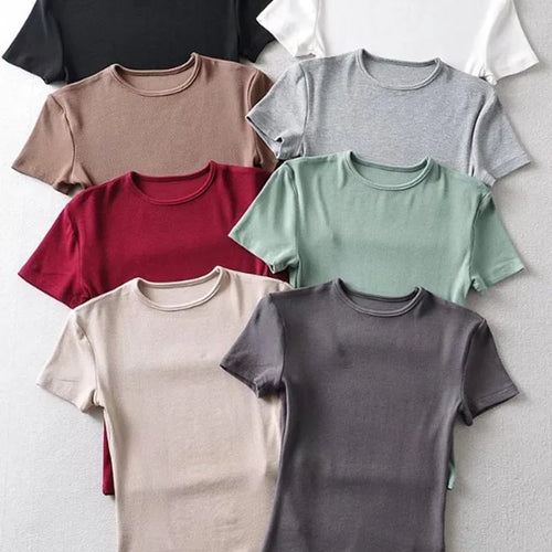 Load image into Gallery viewer, Casual Summer Woman Skinny Fit T-shirt Tight Short-Sleeve O-neck Tee Basic Solid Crop Tops T Shirt
