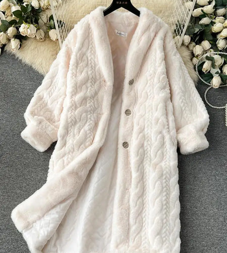 Winter Women Beige Faux Fur Coat High Quality Thick Warm Loose Long Jacket Parka Female Single Breasted Plush Cardigan Outerwear