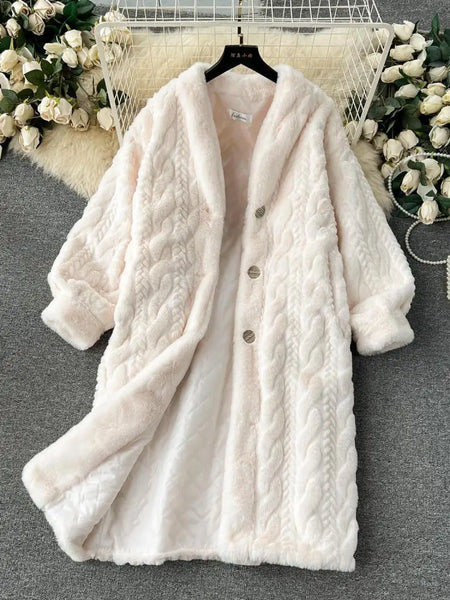 Winter Women Beige Faux Fur Coat High Quality Thick Warm Loose Long Jacket Parka Female Single Breasted Plush Cardigan Outerwear