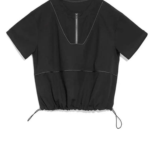 Load image into Gallery viewer, Women Black Zipper Spliced Drawstring Big Size T-shirt New Round Neck Short Sleeve Fashion Tide Spring Summer 2025 1DH5068

