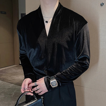 Velour Men's T-shirt Vintage V-neck Solid Color Loose Male Long Sleeve Tops Casual Men Wear Spring Fashion 9C4842