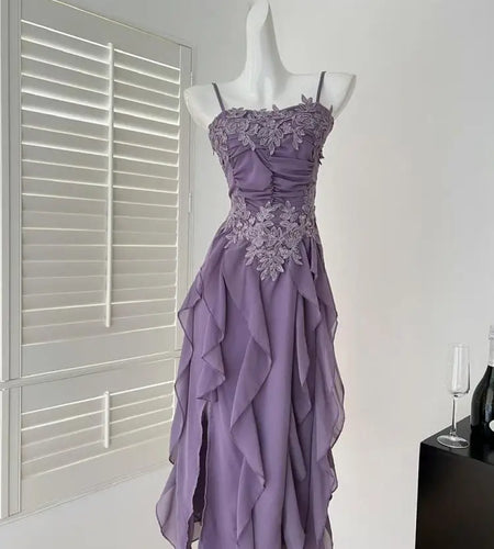 Summer French Vintage New Purple Elegant Slim Backless Party Dress Women Beige High Waist Sleeveless Ruffle Edge Slip Long Dress