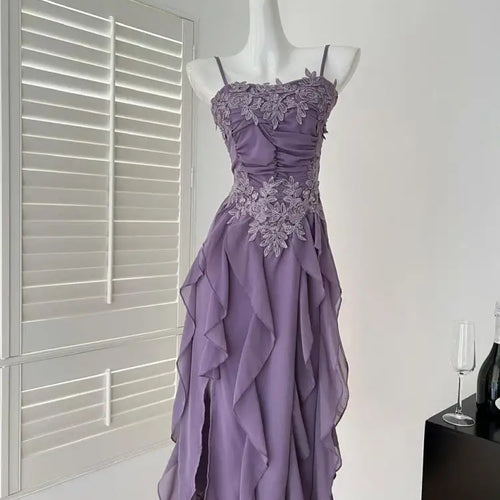 Load image into Gallery viewer, Summer French Vintage New Purple Elegant Slim Backless Party Dress Women Beige High Waist Sleeveless Ruffle Edge Slip Long Dress
