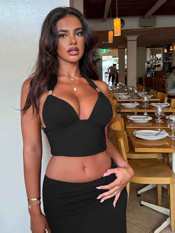 Sexy Bikini Tight Two Piece Set For Women's 2024 Summer New Set Holiday Beach Hanging Neck Skirt Set Skinny Long Dress