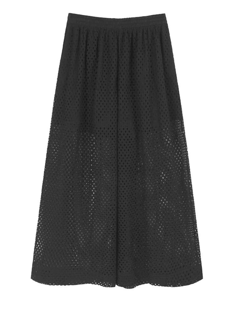 High Elastic Waist Black Grid Hollow Out Long Wide Leg Pants New Trousers Women Fashion Tide Spring Autumn 2025 1DJ1196
