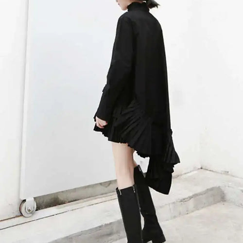 Load image into Gallery viewer, Women Black Pleated Irregular Casual Shirt Dress New Stand Collar Long Sleeve Loose Fit Fashion Spring Autumn 2025 1DF4825
