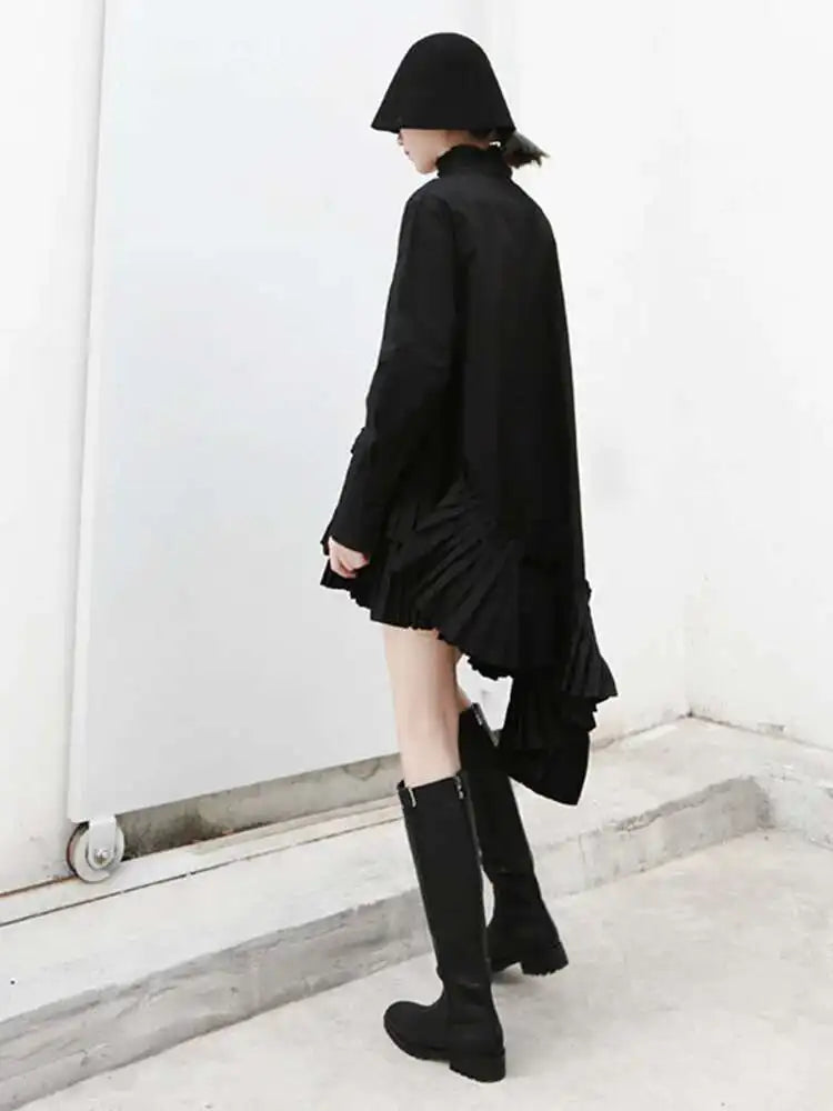 Women Black Pleated Irregular Casual Shirt Dress New Stand Collar Long Sleeve Loose Fit Fashion Spring Autumn 2025 1DF4825