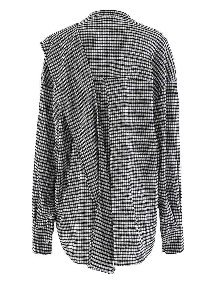 Women Black Plaid Vintage Big Size Irregular Blouse New Lapel Long Sleeve Shirt Fashion Tide Spring Autumn 2025 CPG2243