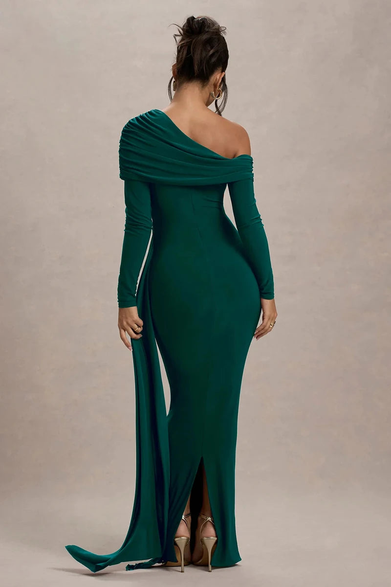 Skew Collar Long Sleeve Sexy Maxi Dress For Women Gown Fashion Backless Draped Ruched Bodycon Club Long Dress Elegant