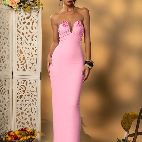 Load image into Gallery viewer, Rose Strapless Sexy Maxi Dress Women Pink Gown Off-shoulder V Neck Backless Sleeveless Bodycon Beach Club Long Dress
