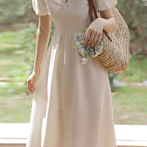 Load image into Gallery viewer, Slim Fashion White Puff Sleeve Women&#39;s Dresses French Style Square Neck Solid Color Female Dress Summer Elegant Dress
