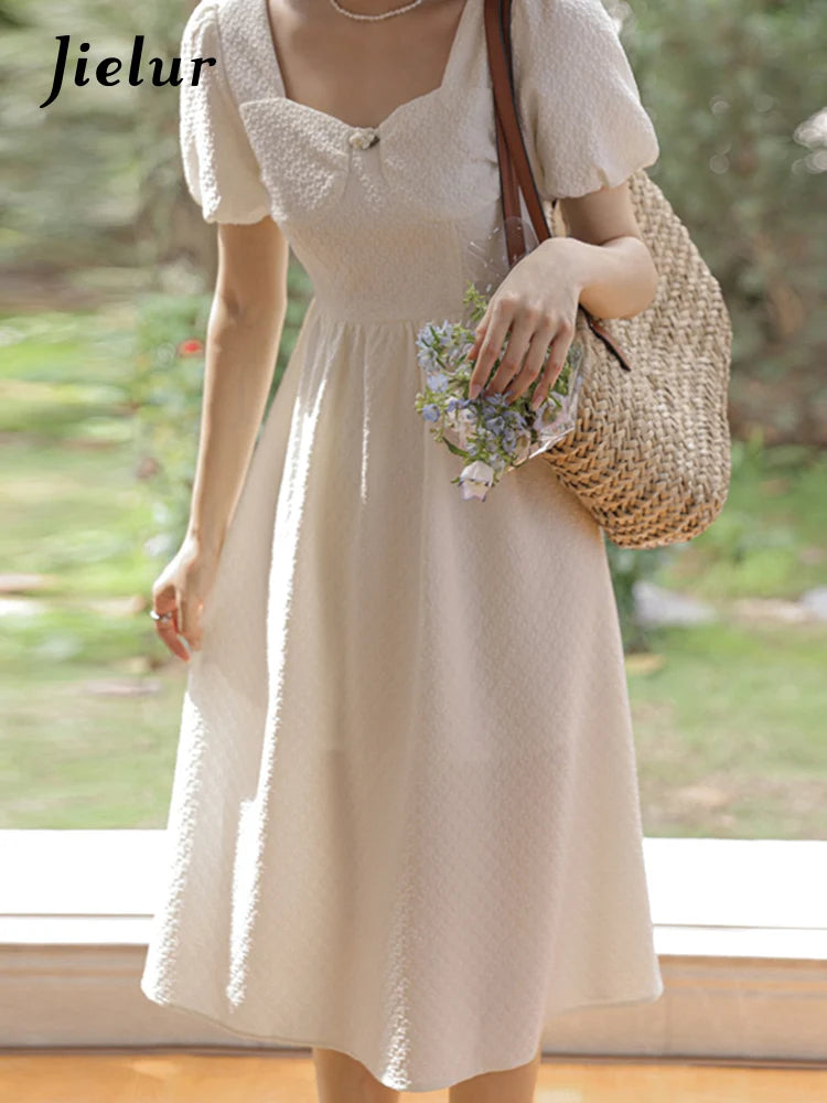 Slim Fashion White Puff Sleeve Women's Dresses French Style Square Neck Solid Color Female Dress Summer Elegant Dress