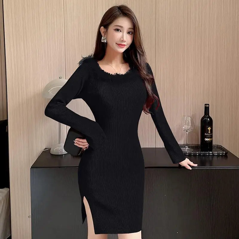 Women's Red Knitted Fur Neck Mini Dresses Female Autumn Winter Black Sexy Club Wrap Hip Versatile Pink Split Dress New 2023 Chic