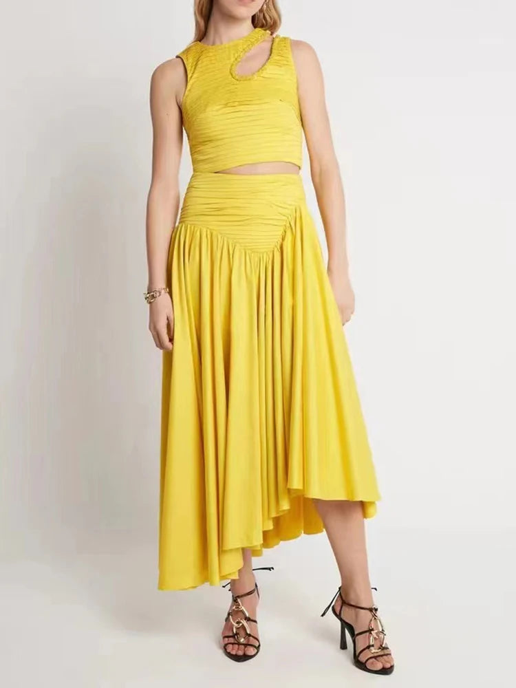 Slim Two Piece Sets For Women Round Neck Sleeveless Hollow Out Pleat Crop Tops Irregular Hem Pleated Skirt Solid Set Female