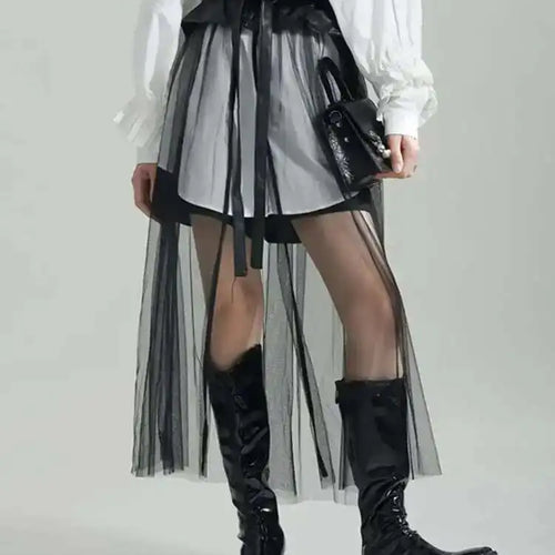 Load image into Gallery viewer, High Waist Black Pu Leather Ruffles Mesh Long Elegant Half-body Skirt Women Fashion Tide New Spring Autumn 2025 1DF6219
