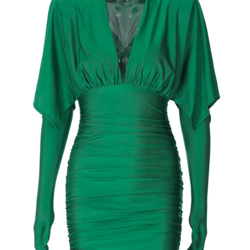 Load image into Gallery viewer, Deep V Neck Long Sleeve Mini Dress Women Autumn Winter New Ruched Evening Dress Female Fashion Sexy Dress Elegant
