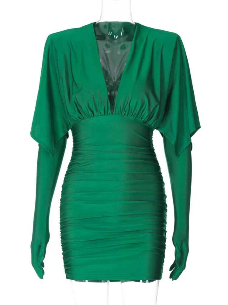 Deep V Neck Long Sleeve Mini Dress Women Autumn Winter New Ruched Evening Dress Female Fashion Sexy Dress Elegant