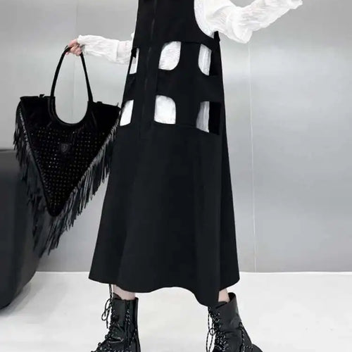 Load image into Gallery viewer, Women Black Hollow Out Zipper Big Size Midi Vest Dress New Lapel Sleeveless Fashion Tide Spring Autumn 2025 1DH6870
