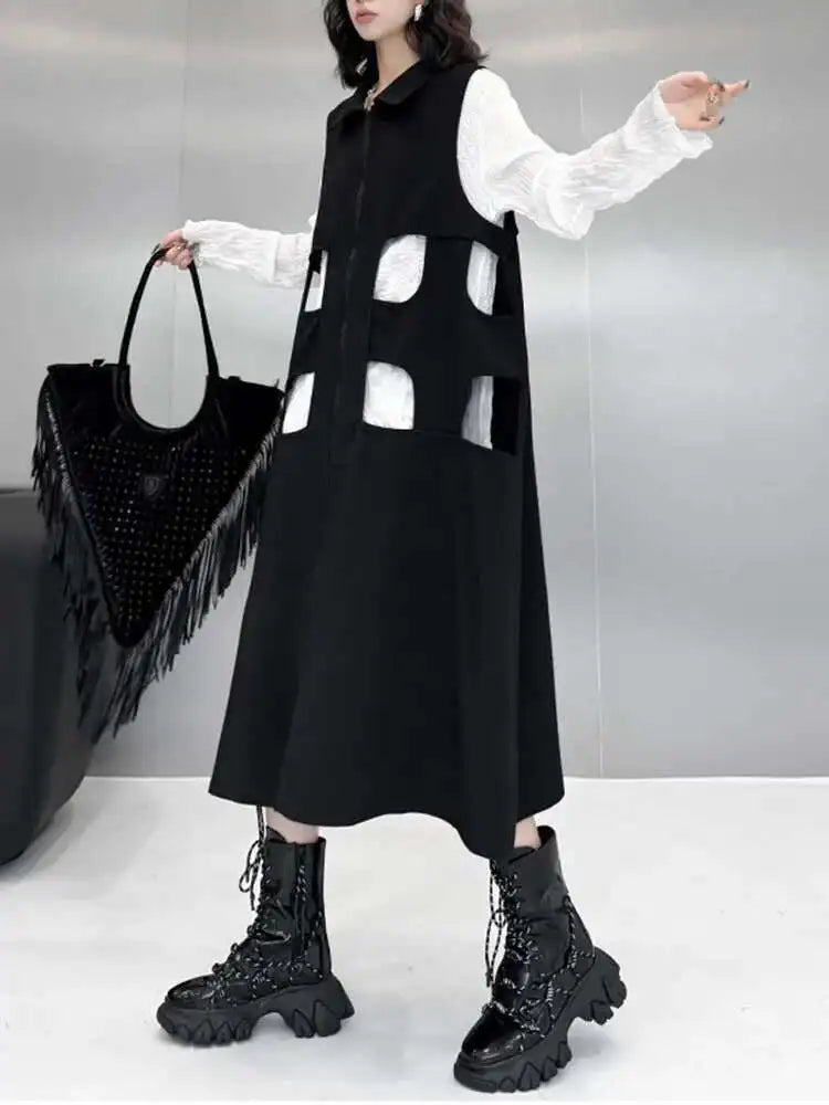 Women Black Hollow Out Zipper Big Size Midi Vest Dress New Lapel Sleeveless Fashion Tide Spring Autumn 2025 1DH6870