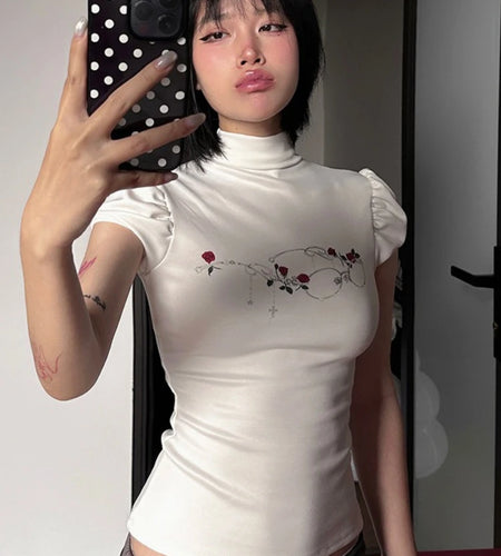 Streetwear Summer Half High Collar Women's Tops Vintage Flower Printing Harajuku T-shirts Y2k Aesthetic Puff Sleeve Grunge Tees