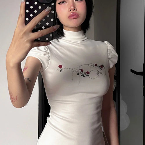 Load image into Gallery viewer, Streetwear Summer Half High Collar Women's Tops Vintage Flower Printing Harajuku T-shirts Y2k Aesthetic Puff Sleeve Grunge Tees
