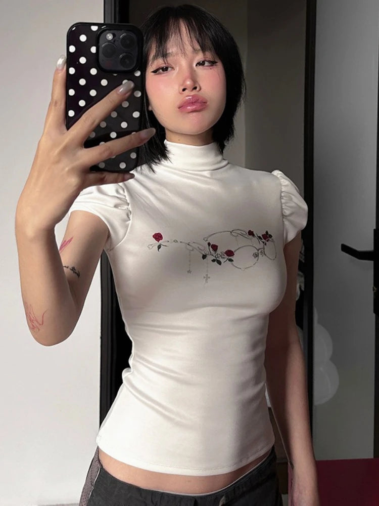 Streetwear Summer Half High Collar Women's Tops Vintage Flower Printing Harajuku T-shirts Y2k Aesthetic Puff Sleeve Grunge Tees