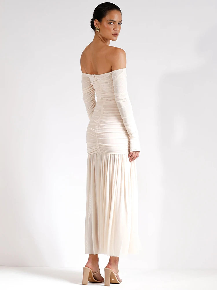 Off-shoulder Strapless Sexy Maxi Dress Women Summer New Patchwork Backless Long Sleeve Pleated Long Dress Elegant