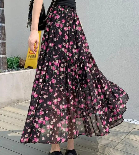 French Vintage Black Floral Ruffled High Waisted Vacation Pleated Long Skirt Women Elegant Party Skirt Clothes Spring Summer New