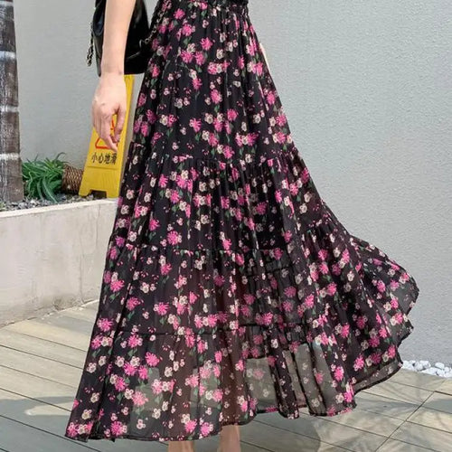 Load image into Gallery viewer, French Vintage Black Floral Ruffled High Waisted Vacation Pleated Long Skirt Women Elegant Party Skirt Clothes Spring Summer New
