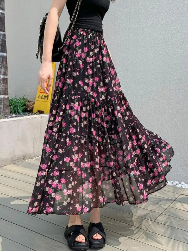 French Vintage Black Floral Ruffled High Waisted Vacation Pleated Long Skirt Women Elegant Party Skirt Clothes Spring Summer New