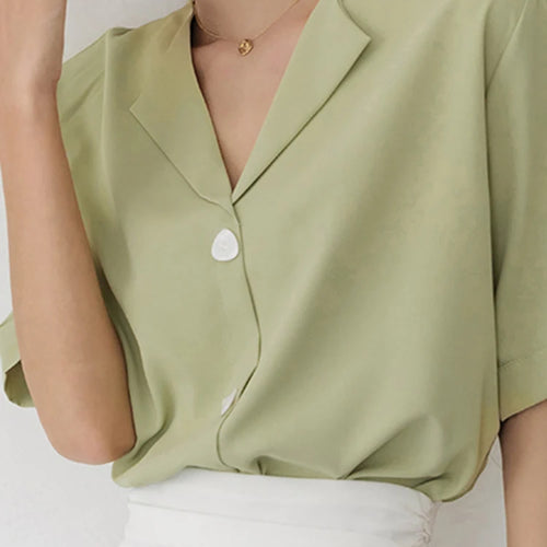 Load image into Gallery viewer, Summer Green Pure Color Short Sleeve Women Shirt New White Single Breasted Female Workwear Formal Simple Female Shirts
