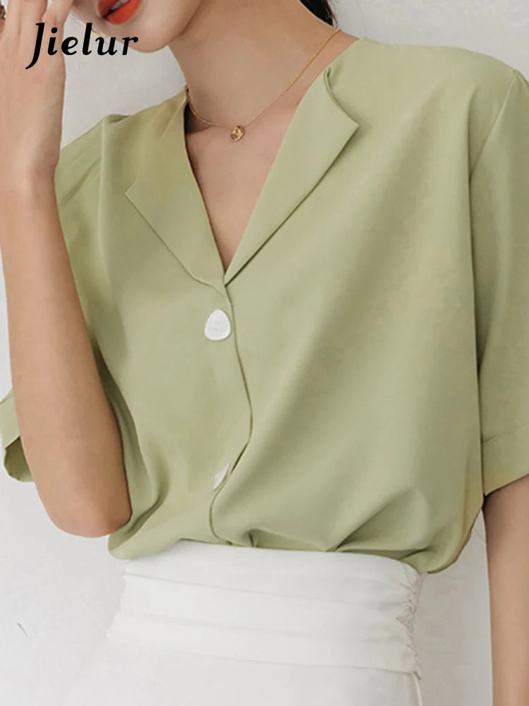 Summer Green Pure Color Short Sleeve Women Shirt New White Single Breasted Female Workwear Formal Simple Female Shirts