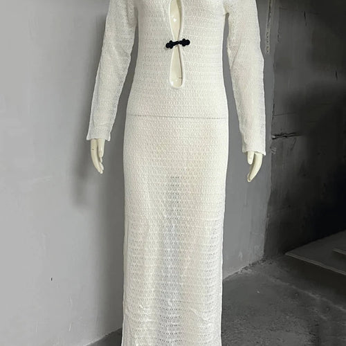 Load image into Gallery viewer, Hollow Out Knit Sexy Maxi Dress Women Fashion See Through Smock Dress Elegant Long Sleeve Backless Fishtail Dress
