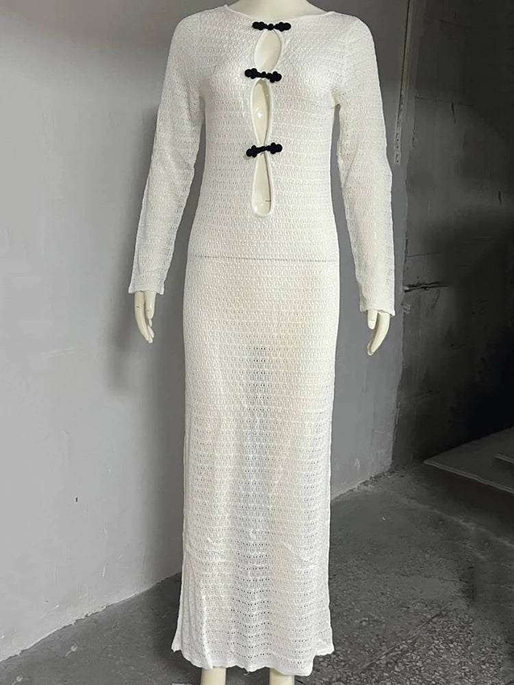 Hollow Out Knit Sexy Maxi Dress Women Fashion See Through Smock Dress Elegant Long Sleeve Backless Fishtail Dress