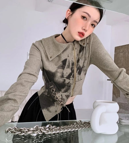 Chic Vintage Turn Down- Collar Women Cardigans Graffiti Print Zippers Female Open 2025 Cropped Coat All Match Irregular Y2k Tops