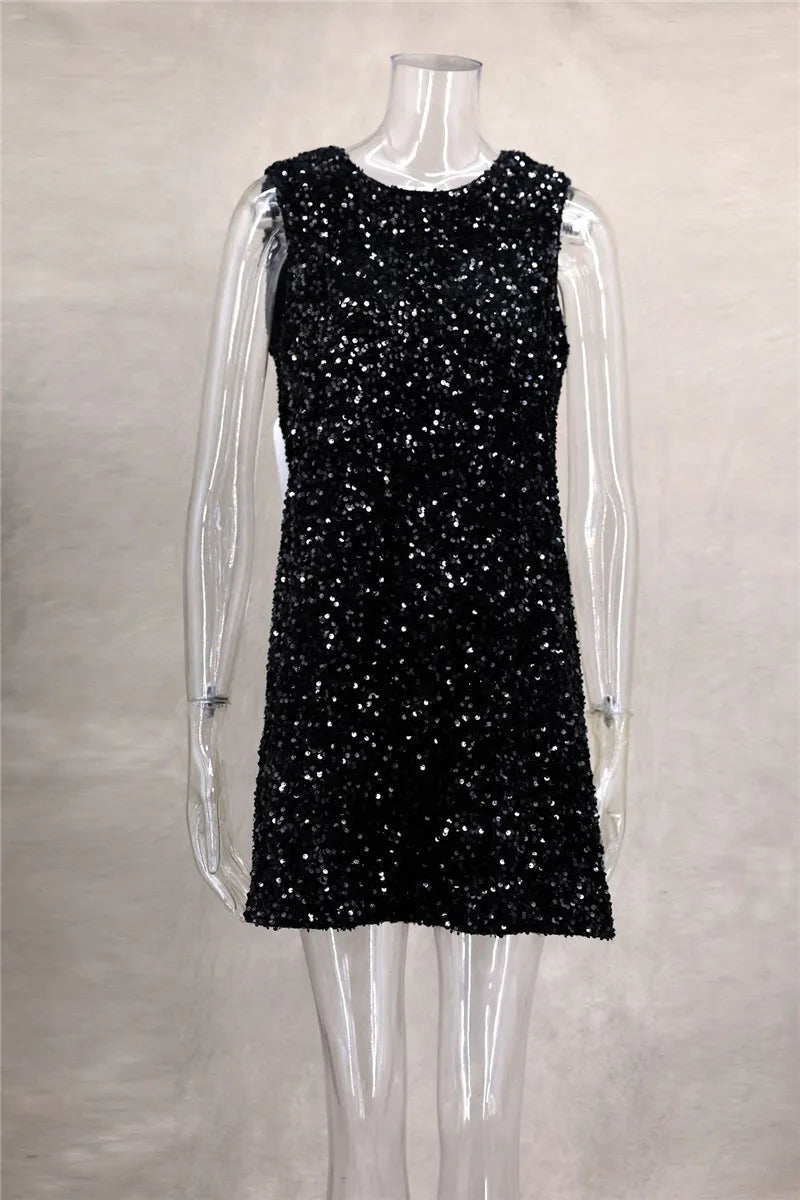 Sequins Backless Bow Sexy Mini Dress For Women Robe 2025 New Sleeveless A-line Sparkle Club Dress Elegant Vestido