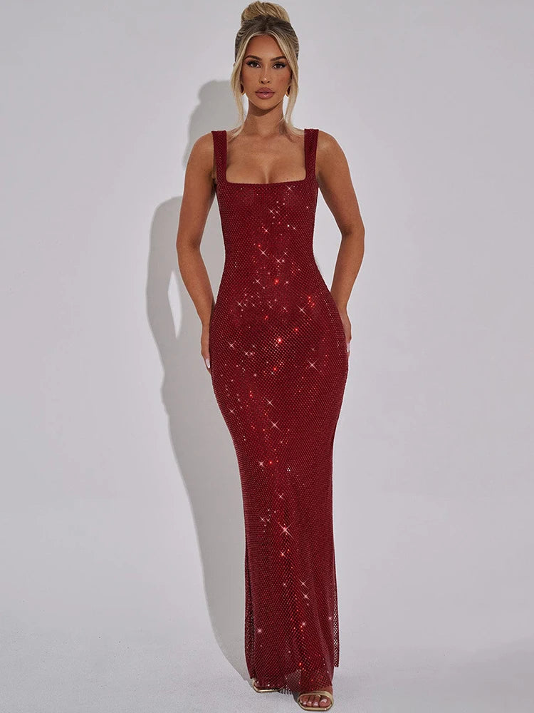 Sequins Backless Sexy Maxi Dress For Women Gown Fashion Sparkle Square Collar Sleeveless Bodycon Club Long Dress