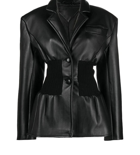 Black Pu Leather Elastic Waist Big Size Jacket New Lapel Long Sleeve Women Coat Fashion Tide Spring Autumn 2025 1DF3853