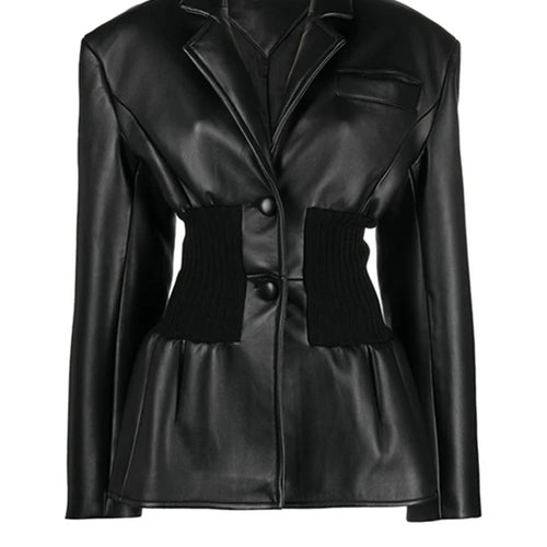 Load image into Gallery viewer, Black Pu Leather Elastic Waist Big Size Jacket New Lapel Long Sleeve Women Coat Fashion Tide Spring Autumn 2025 1DF3853
