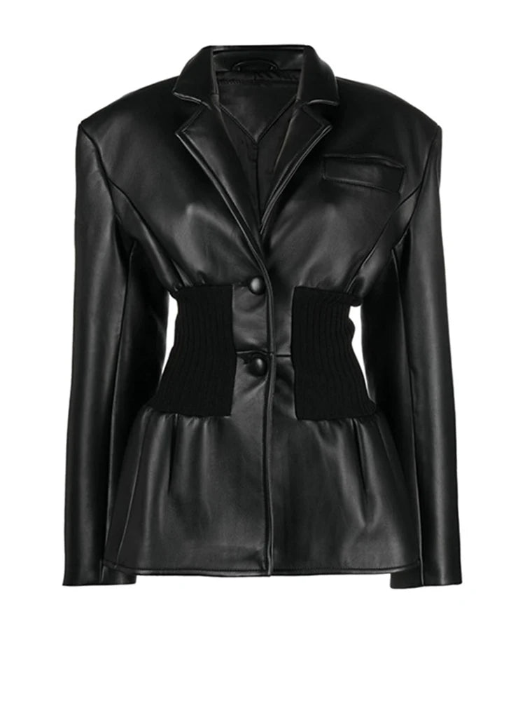 Black Pu Leather Elastic Waist Big Size Jacket New Lapel Long Sleeve Women Coat Fashion Tide Spring Autumn 2025 1DF3853