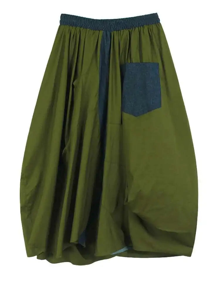 High Elastic Waist Green Denim Color-block A-line Half-body Skirt Women Fashion Tide New Spring Autumn 2025 1DJ0583