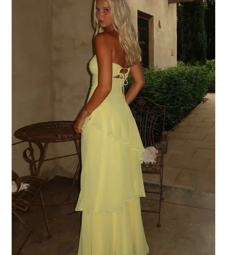 Sexy Strapless Ruffle Edge Hollow Out Long Dress For Women Elegant Sleeveless Bodycon Party Club Evening Dress Holiday