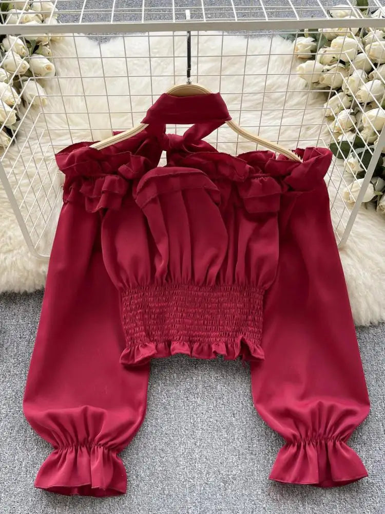 Women Sweet Sexy Club Bow Halter Blouse Off Shoulder Long Sleeve Solid Pleated Shirt Long Sleeve Short Ruffle Tops Spring Autumn