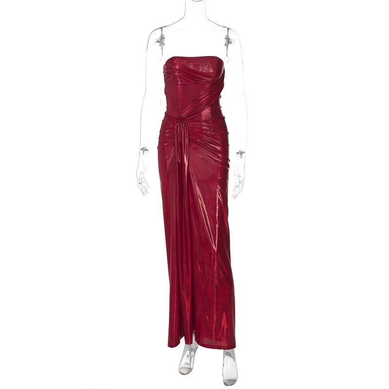 Off-shoulder Strapless Sexy Maxi Dress For Women Fashion Red Sleeveless Backless Thigh High Split Bodycon Club Dress