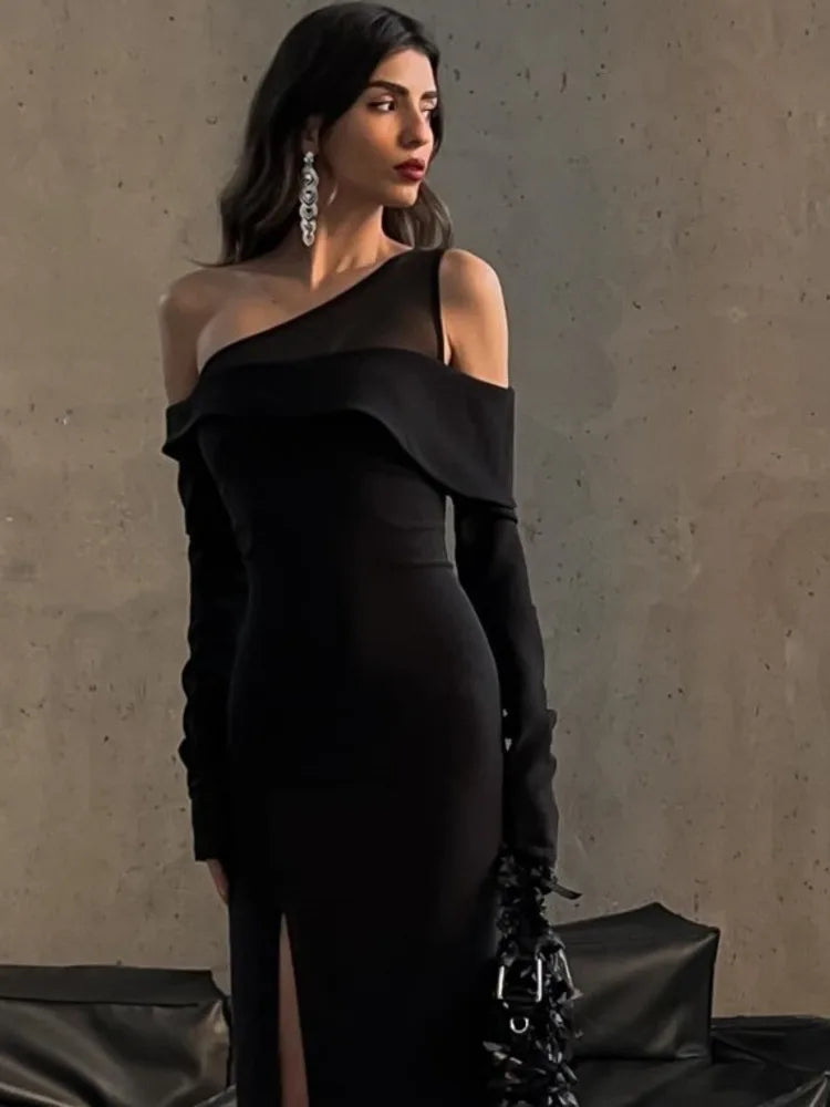 Elegant Mesh Patchwork Women Dress 2024 Fall New Sexy High Split Bodycon Long Sleeve Party Evening Dress Slim Vestido